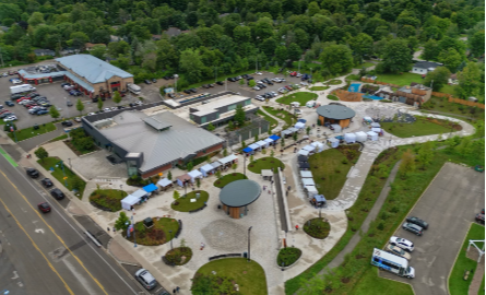 Town square space showing sidewalks and benches