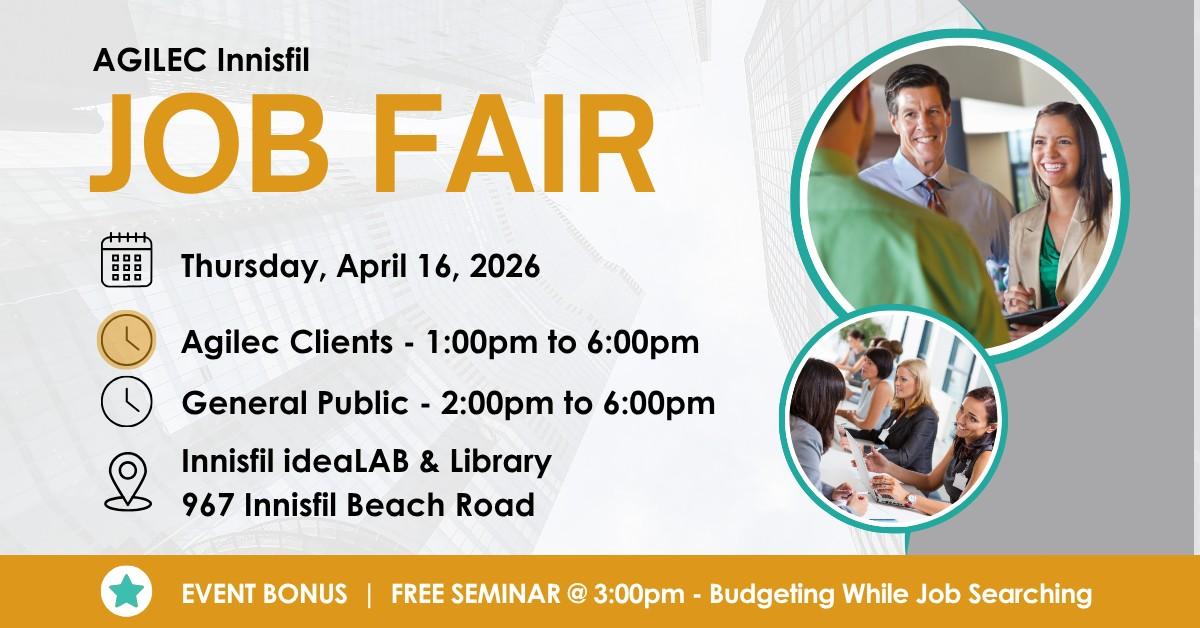 Agilec job fair on April 16 at the Library from 1 to 6 pm