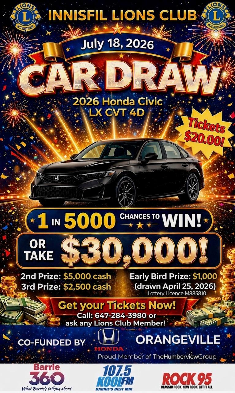 Innisfil Lions Club Car Draw on July 18, $25 tickets for a 2026 Honda Civic LX CVT 4D