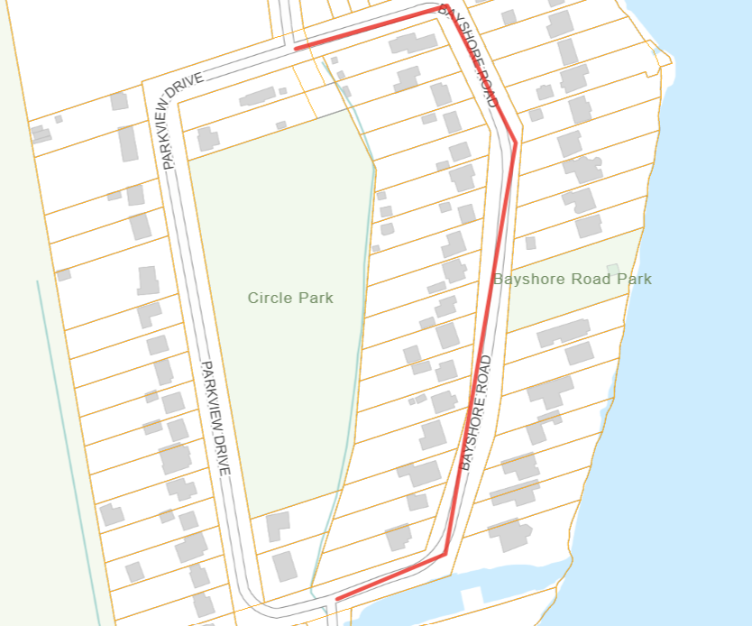 Map identifying Bayshore Road as closed