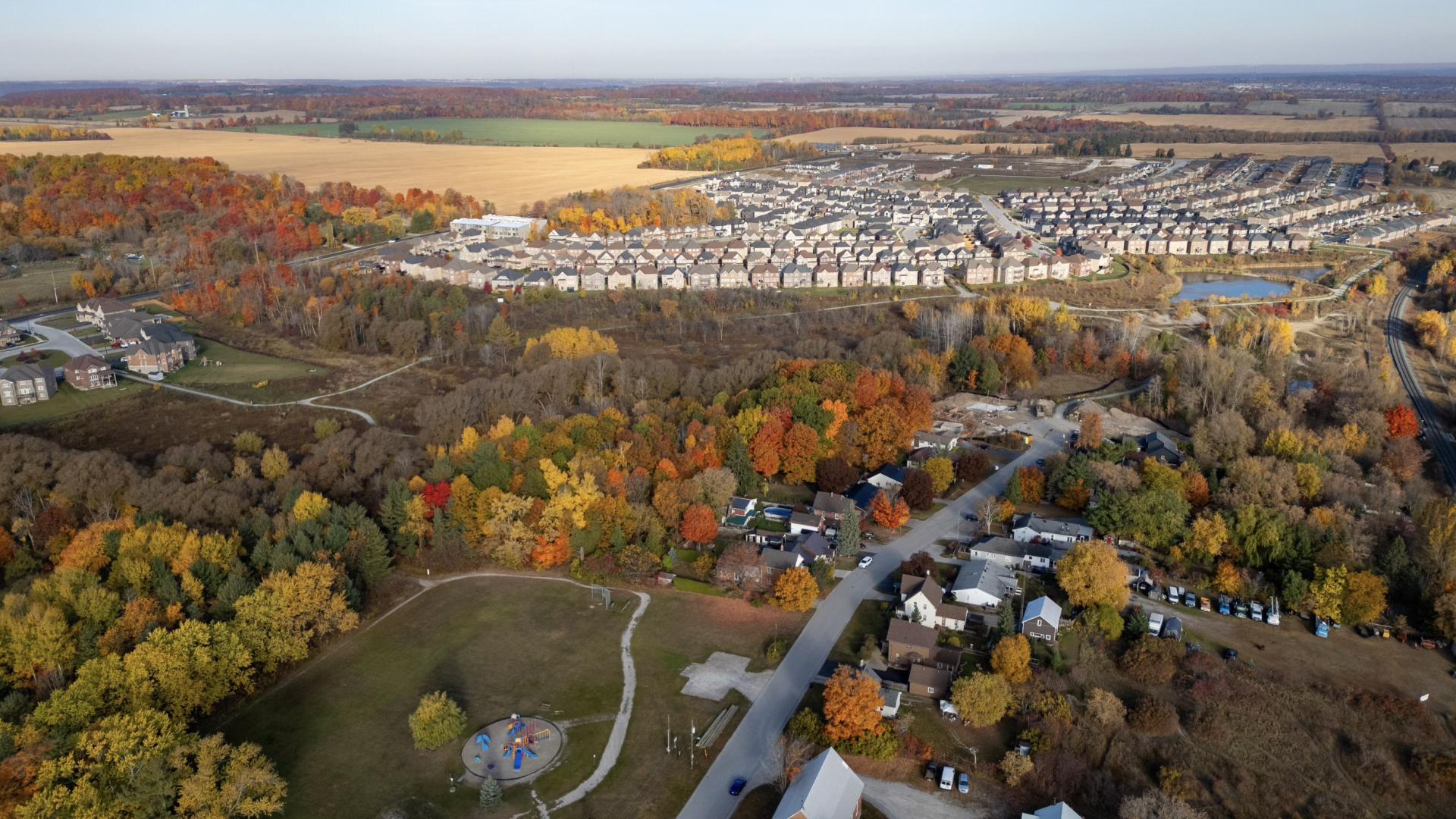 Arial view of a green space in the middle of landscape with forests and suburban developments