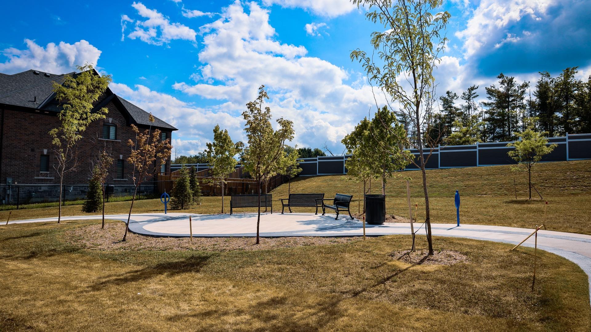 Paved path through McNeil Park with small trees and benches on either side