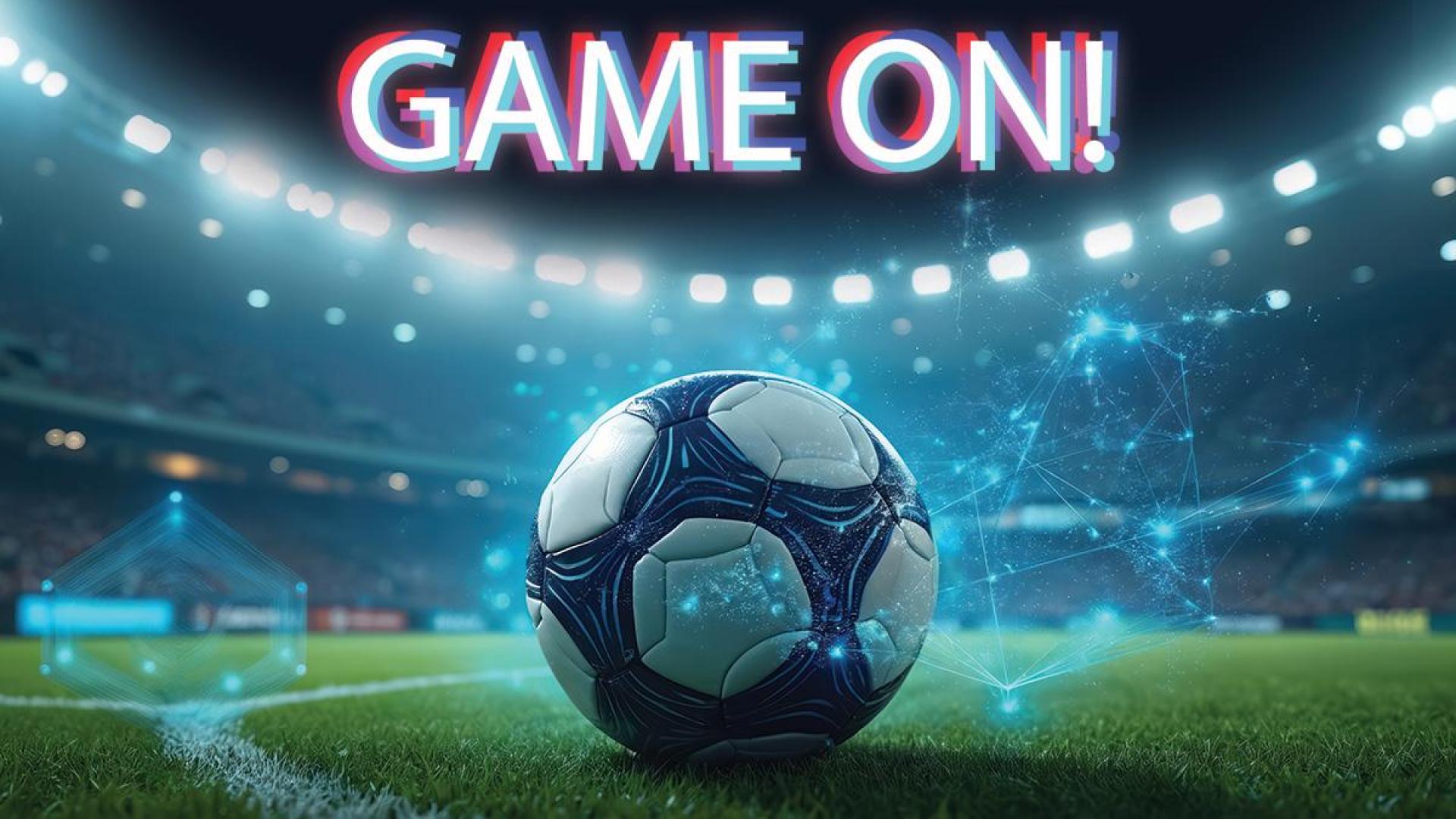 Soccer ball on pitch with the words Game On