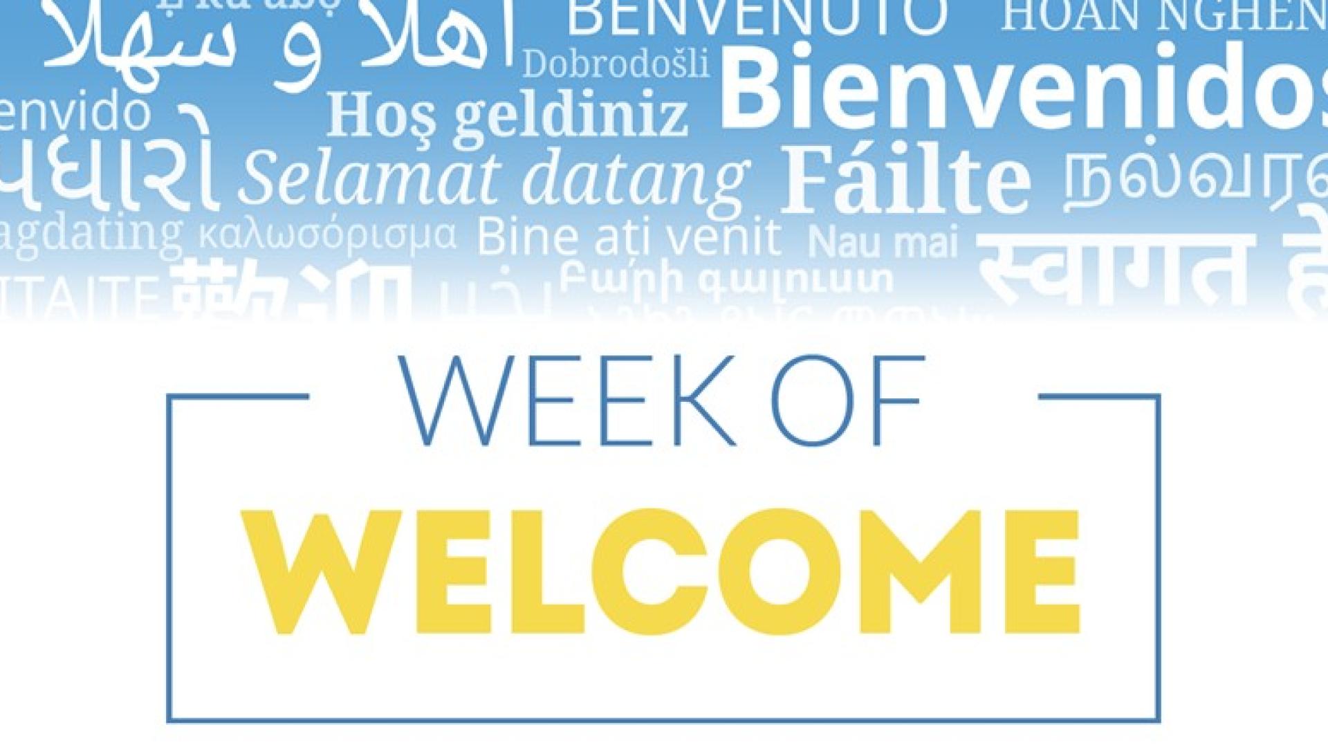 Welcome in different languages with "Week of Welcome" as an overlay