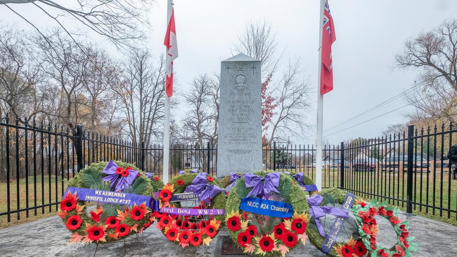 Wreaths laying at cenotaph during Remembrance Service