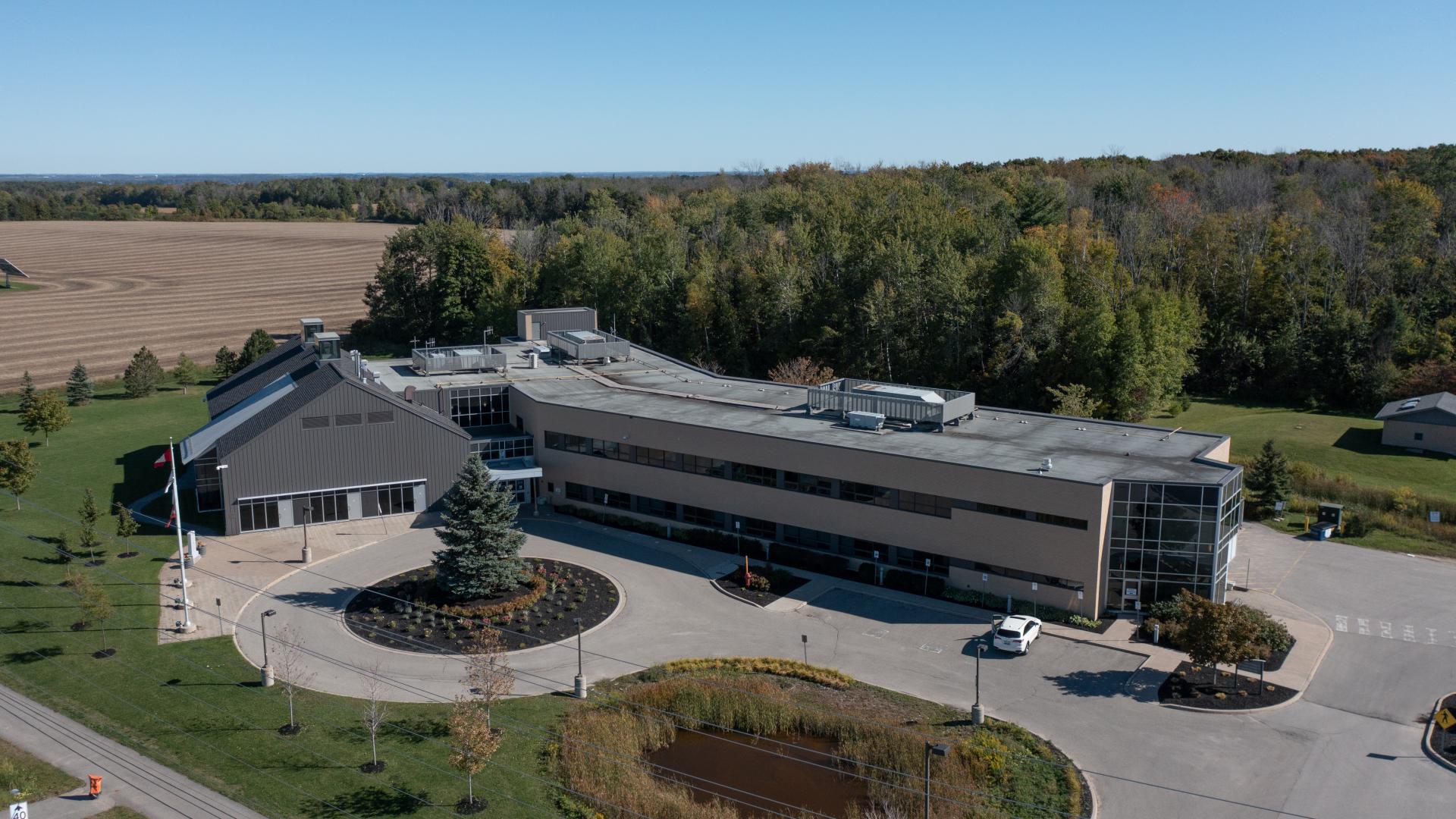 Birds'-eye-view of Innisfil Town Hall in the fall