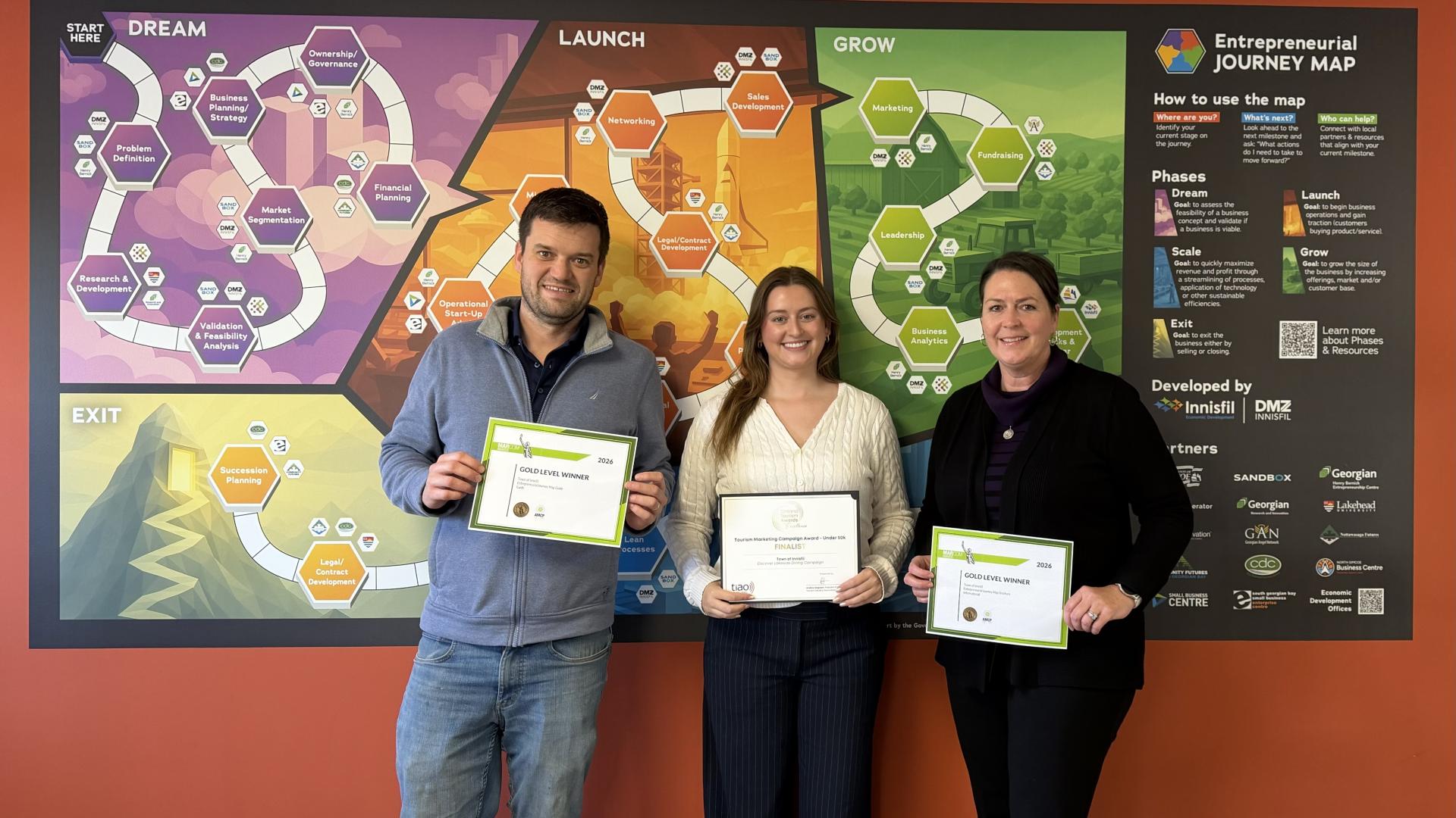 Three Town economic development staff members holding awards