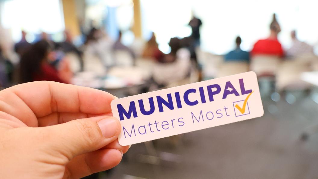 Close up of a sticker with the "Municipal Matters Most" logo