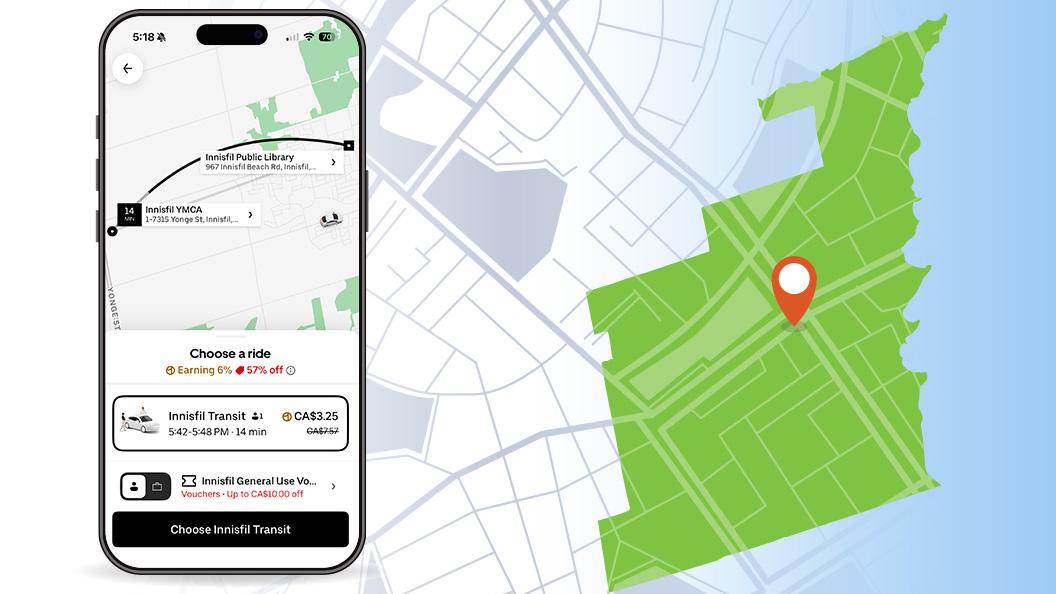 Uber trip information on a cellphone next to the outline of Innisfil