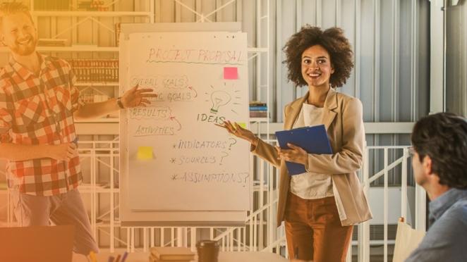 Team collaboration meeting with sticky notes on whiteboard