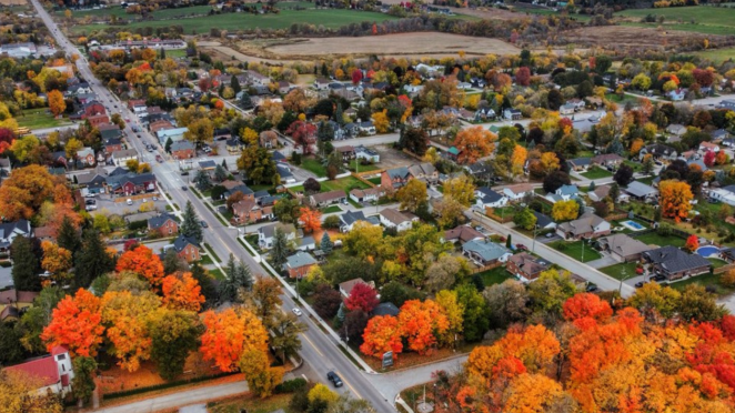 Aerial photo of quaint town in the fall