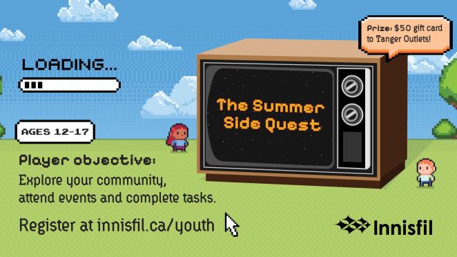 90s-video-game themed graphic with Summer Side Quest details