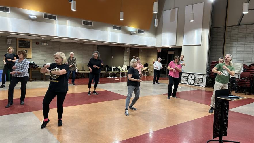 Group of seniors dancing in three lines