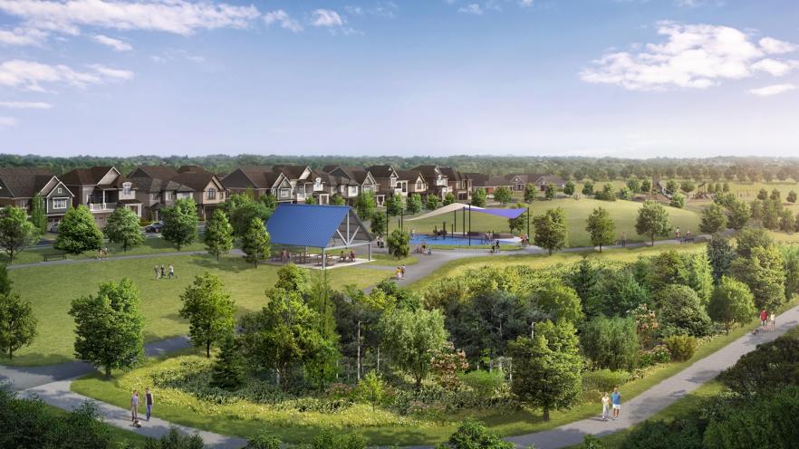 Rendering of a park surrounded by trees to one side and a suburban neighbourhood to another