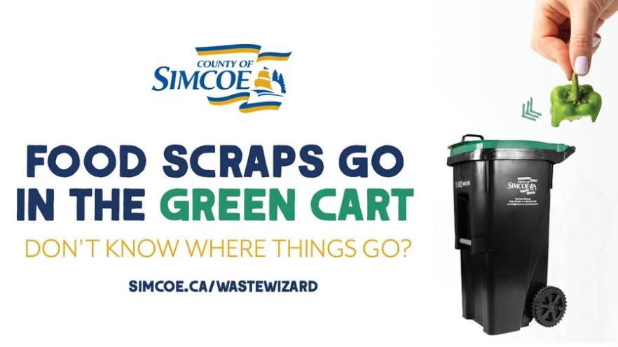 Waste wizard ad stating food scraps go in the green bin