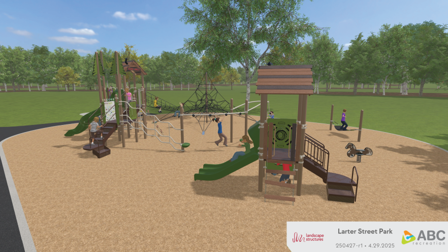 A rendering of a playground with slides, ropes course, climbing features, and more