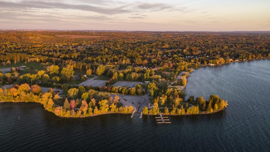 Aerial view of the Innisfil Beach Park in the fall