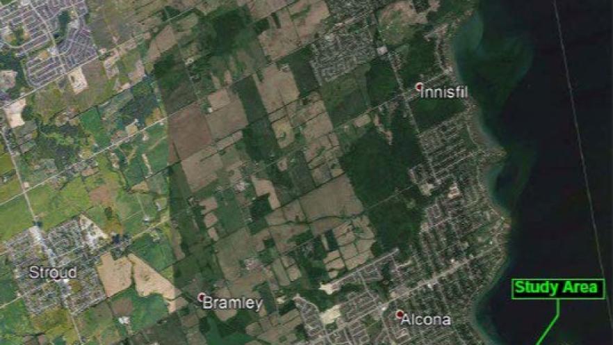 Arial image of Innisfil with a highlighted study area south-east of Nantyr