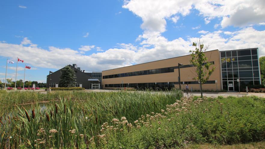 Stormwater pond in front of Innisfil Town Hall building