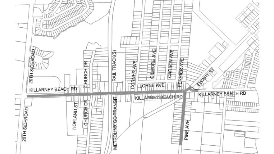 Map of project area along Killarney Beach Road from 20th Sideroad to west of Pine Avenue