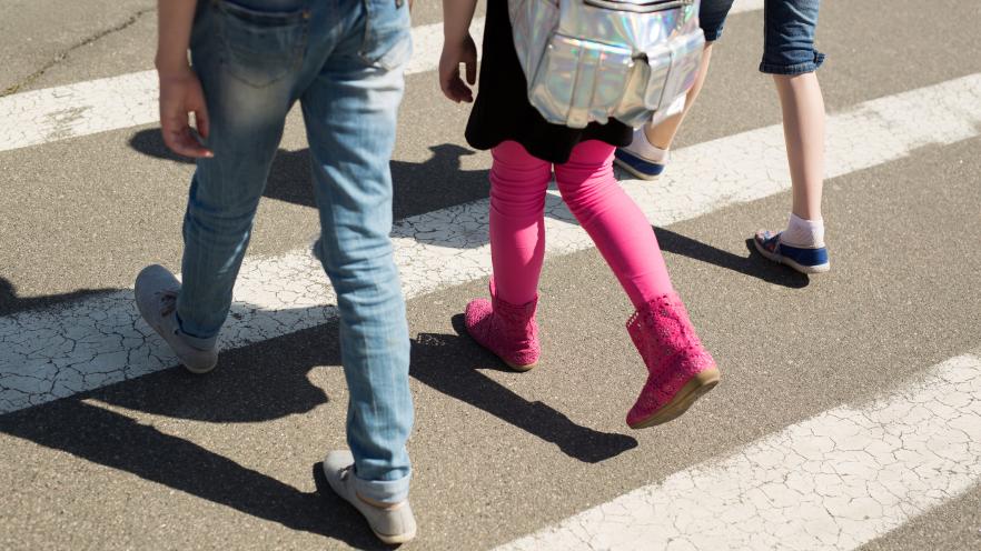 Schoolchildren crossing the road on their way to school