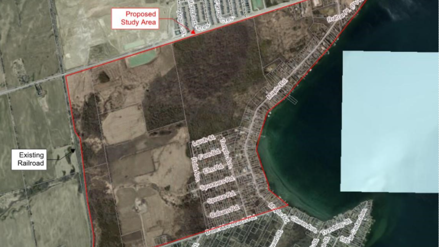 Arial map of the proposed study area between 6th Line, Belle Aire Beach Roade, the rail line and the Lake Simcoe shoreline.