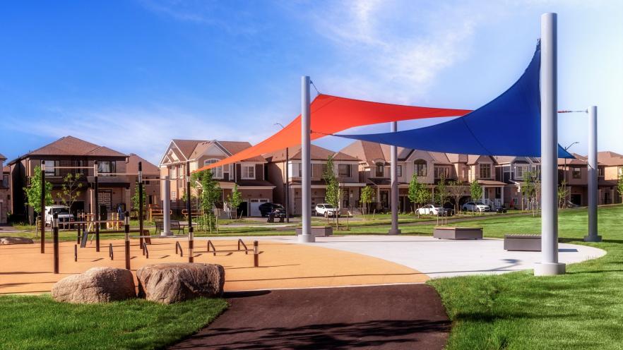 Blue and orange shade sails at Jackson Park