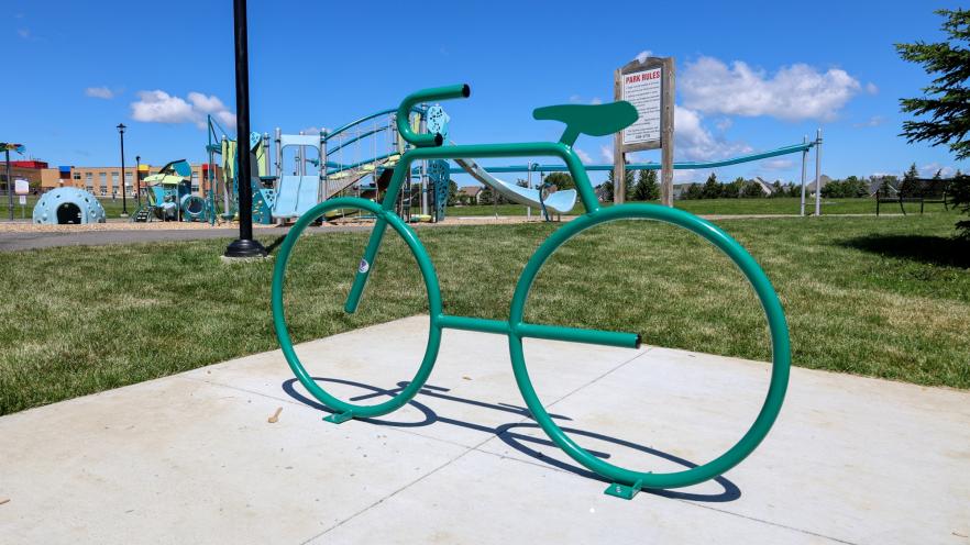 Bicycle shaped bike rack at Previn Court Park