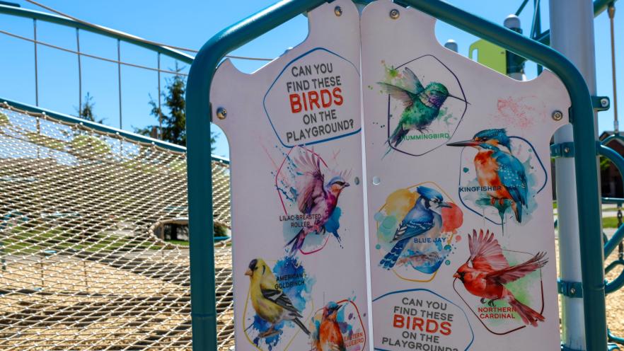 Painted bird scavenger hunt on playground equipment at Previn Court Park