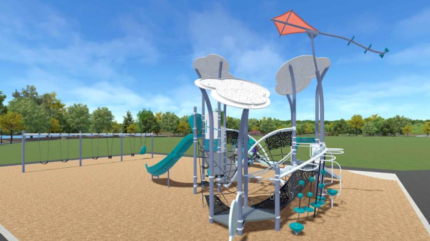 Rendering of new playground equipment with slides, swings, and climbing features