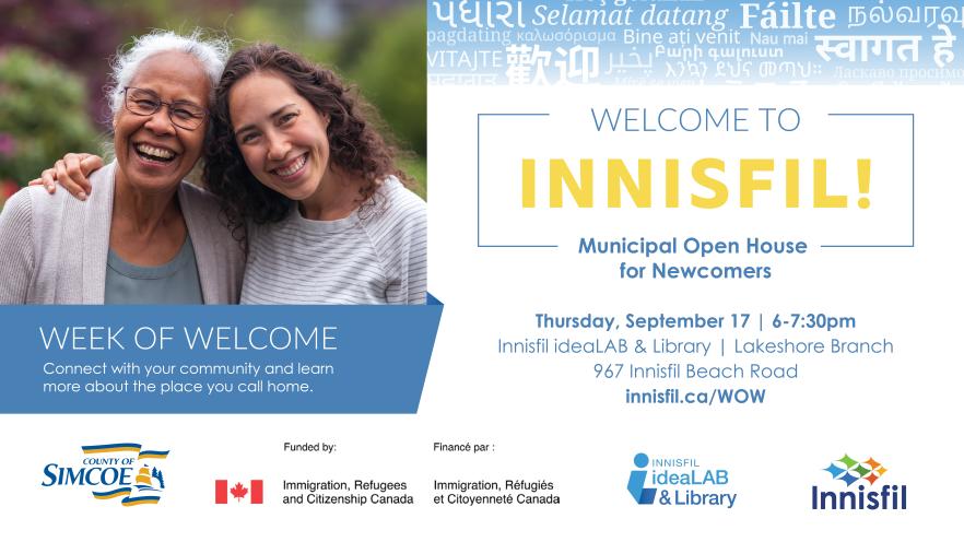 Event graphic with an image of an adult daughter and mother newcomer pair and reads "Wee of Welcome. Welcome to Innisfil! Municipal Open House for Newcomers"