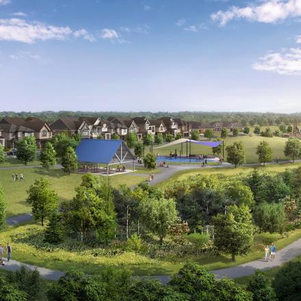 Rendering of a park surrounded by trees to one side and a suburban neighbourhood to another