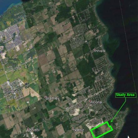 Arial image of Innisfil with a highlighted study area south-east of Nantyr