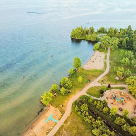 Aerial view of beaches and playground at Innisfil Beach Park