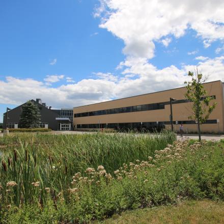 Stormwater pond in front of Innisfil Town Hall building