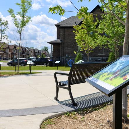 Paved path through McNeil Park with small trees and benches on either side with storyboards