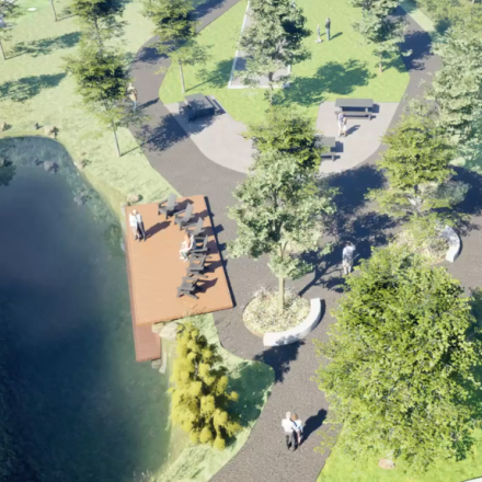 Aerial view of a park with a pond