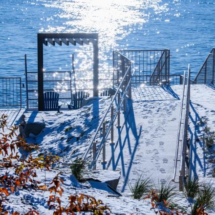 Paved access with steps to the water during the winter