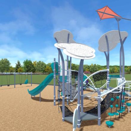 Rendering of new playground equipment with slides, swings, and climbing features