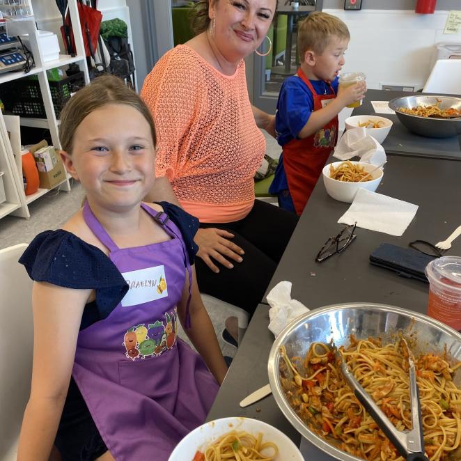 Mom and young daughter having fun in cooking class