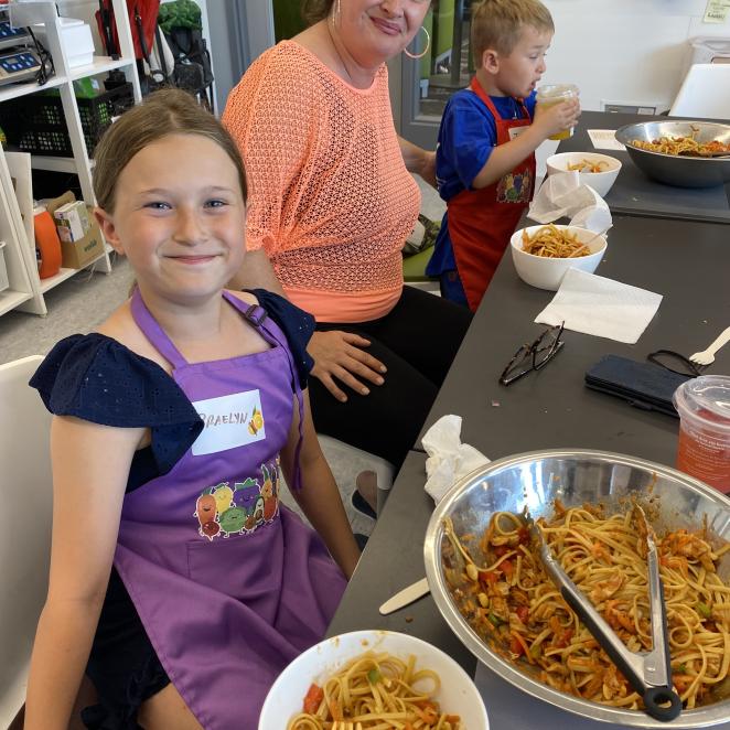 Mom and young daughter having fun in cooking class
