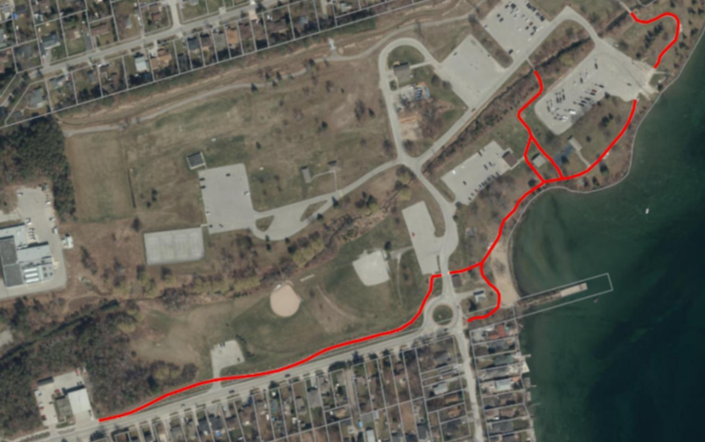 Satellite image of Innisfil Beach Park with the trail marked