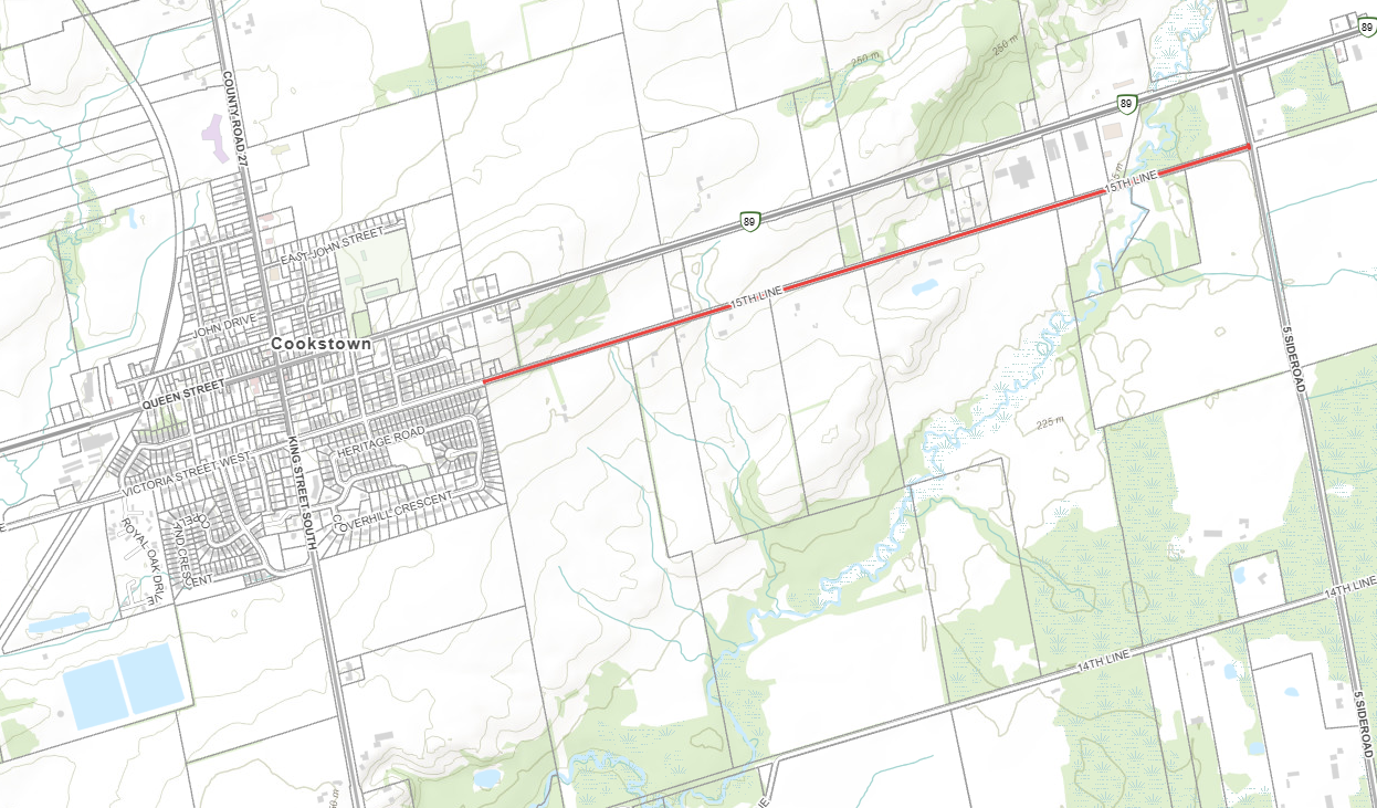 Road closure map of 15th Line from 5th Sideroad to Philson Court