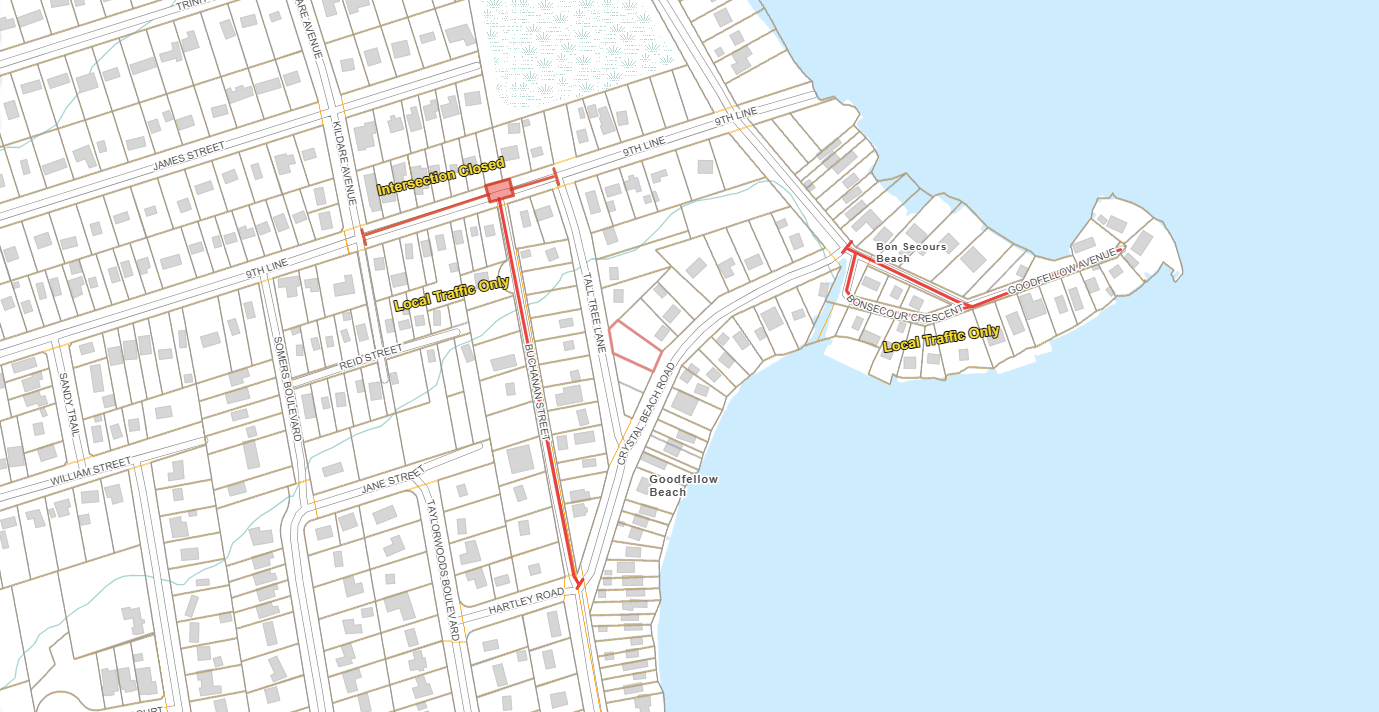 Road closure map of Buchanan, 9th Line, Crystal Beach Road and Goodfellow