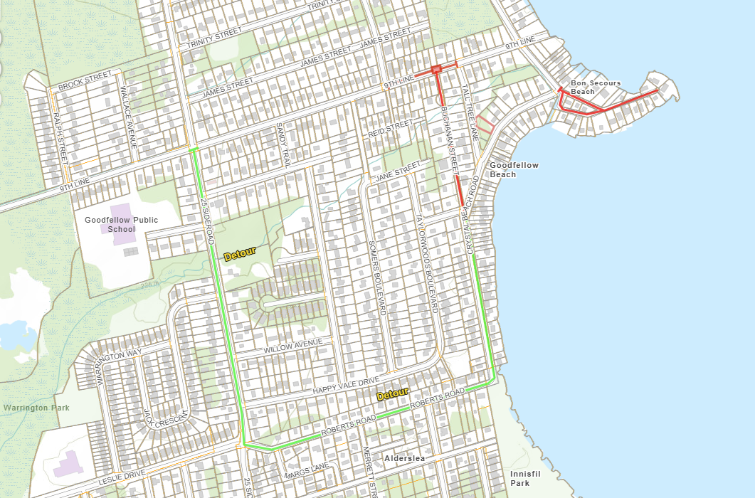 Detour route through Roberts Road and 25th Sideroad