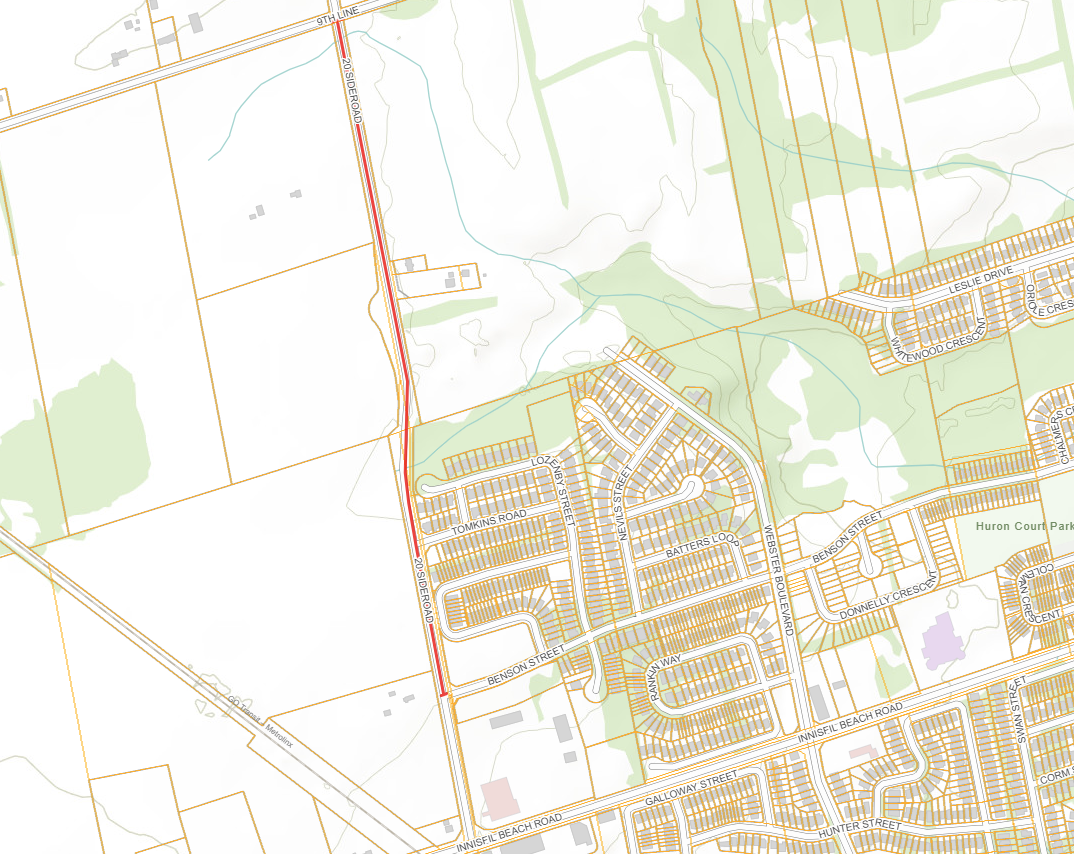 Closure map showing 20th Sideroad from 9th Line to Benson Street