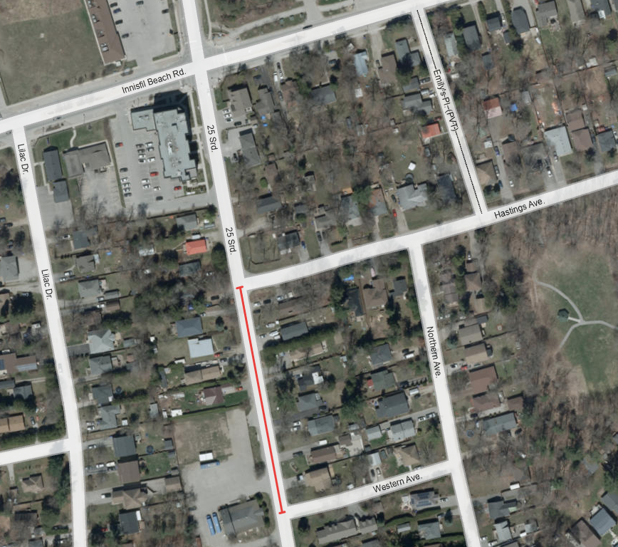 Road closure map showing 25th sideroad from Hastings to Western