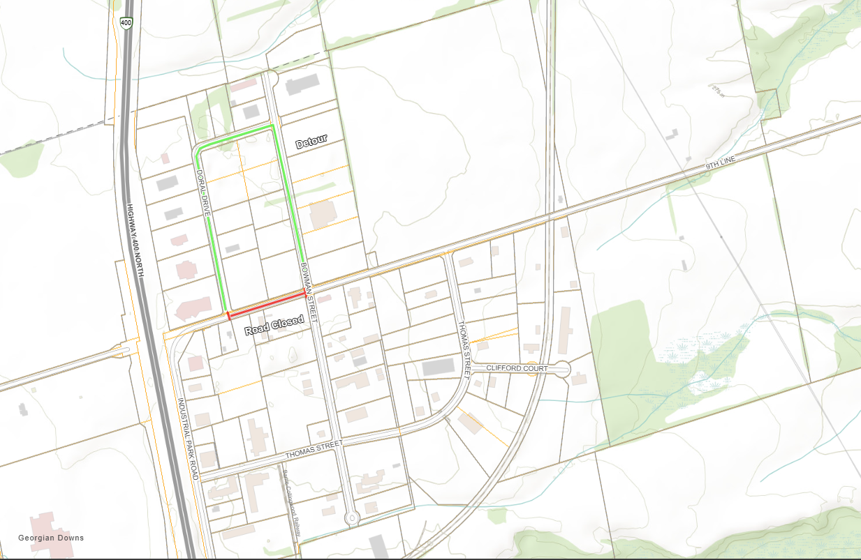 Map of 9th Line closure from Dorval to Bowman 
