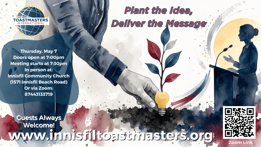 Toastmasters event on May 7 at 7 pm at Innisfil Community Church