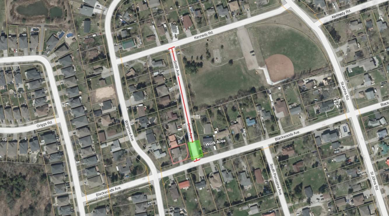 Map of work area along Smith Avenue